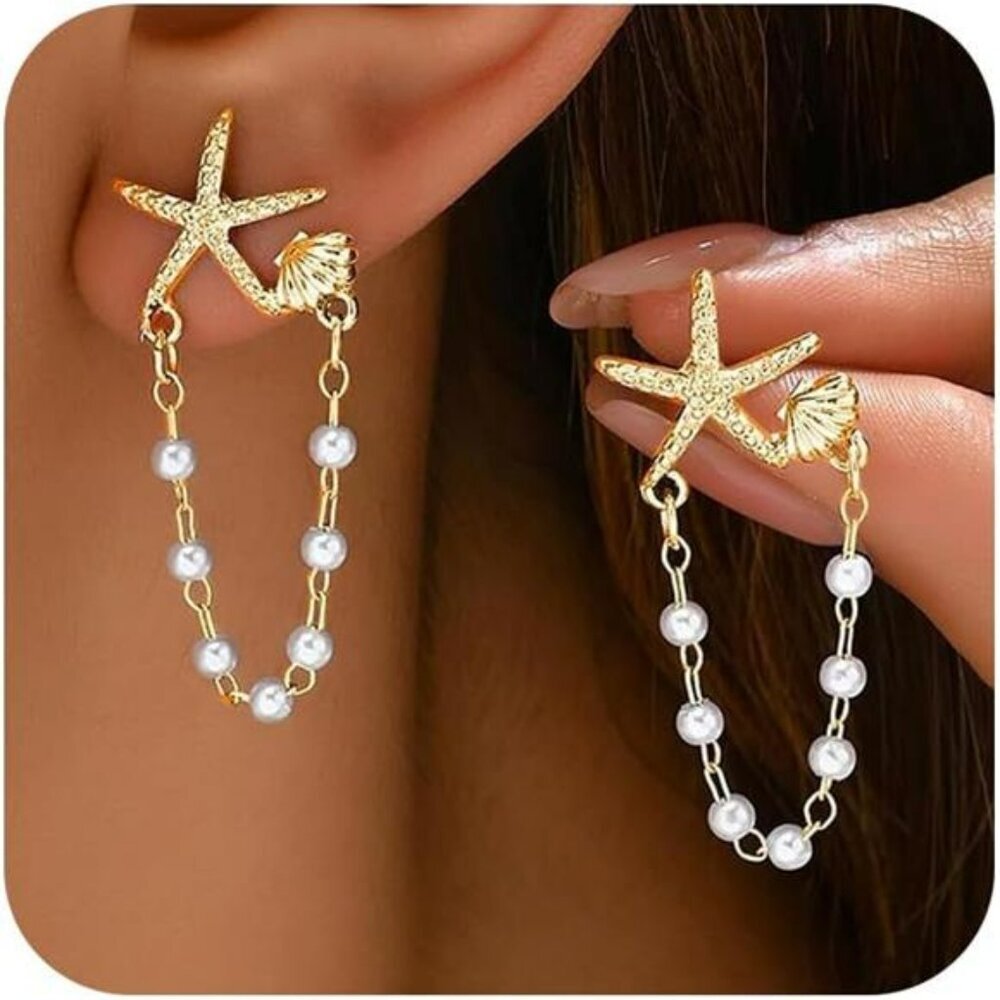 Gold Starfish Earrings for Women Sea Shell Beach Jewelry Summer Vacation Outfits